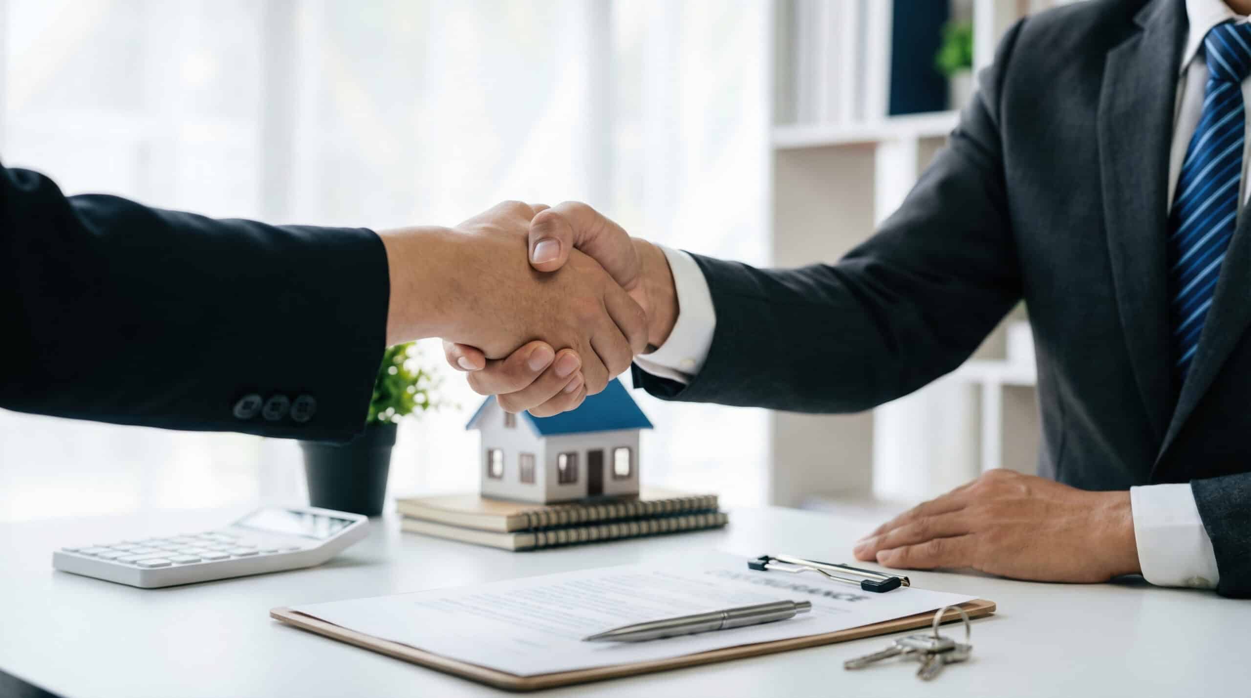 Accord verbal conclu entre un entrepreneur et un courtier immobilier professionnel : succès de la transaction entre un homme d’affaires, un client et un courtier professionnel.