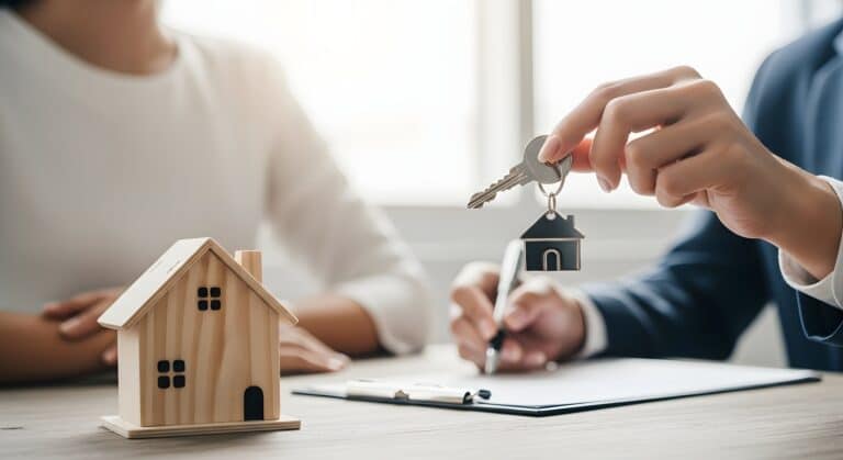 Une personne remet des clés de maison à une autre personne, sur une table avec une petite maquette de maison en bois.