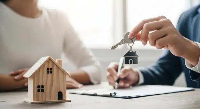 Une personne remet des clés de maison à une autre personne, sur une table avec une petite maquette de maison en bois.
