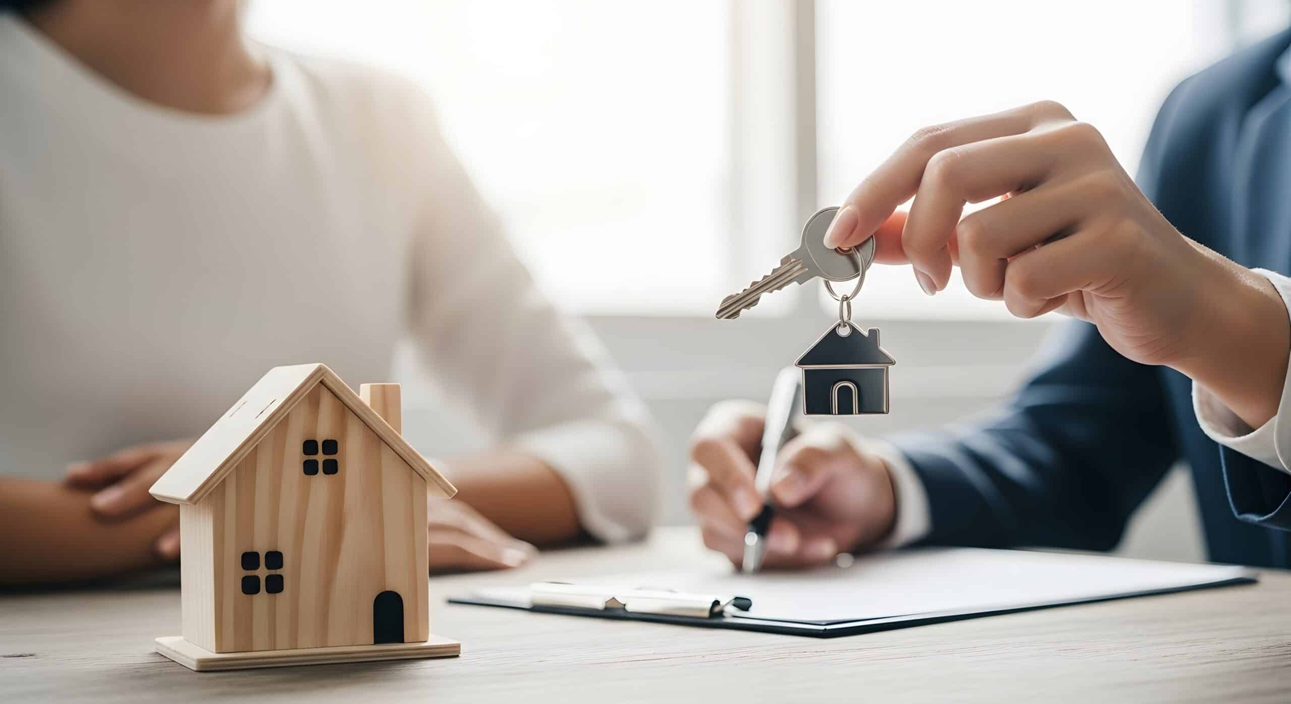 Une personne remet des clés de maison à une autre personne, sur une table avec une petite maquette de maison en bois.