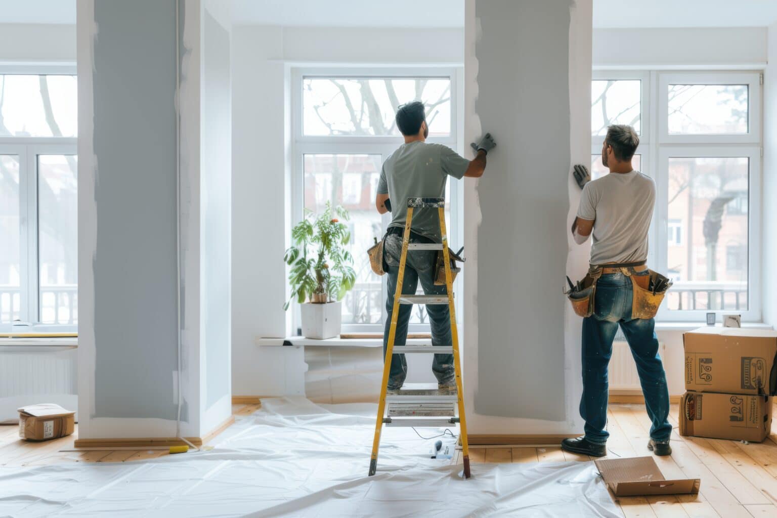 Deux ouvriers masculins d’un service professionnel de rénovation peignent les murs en gris clair dans le salon d’une maison ou d’un appartement moderne et neuf.