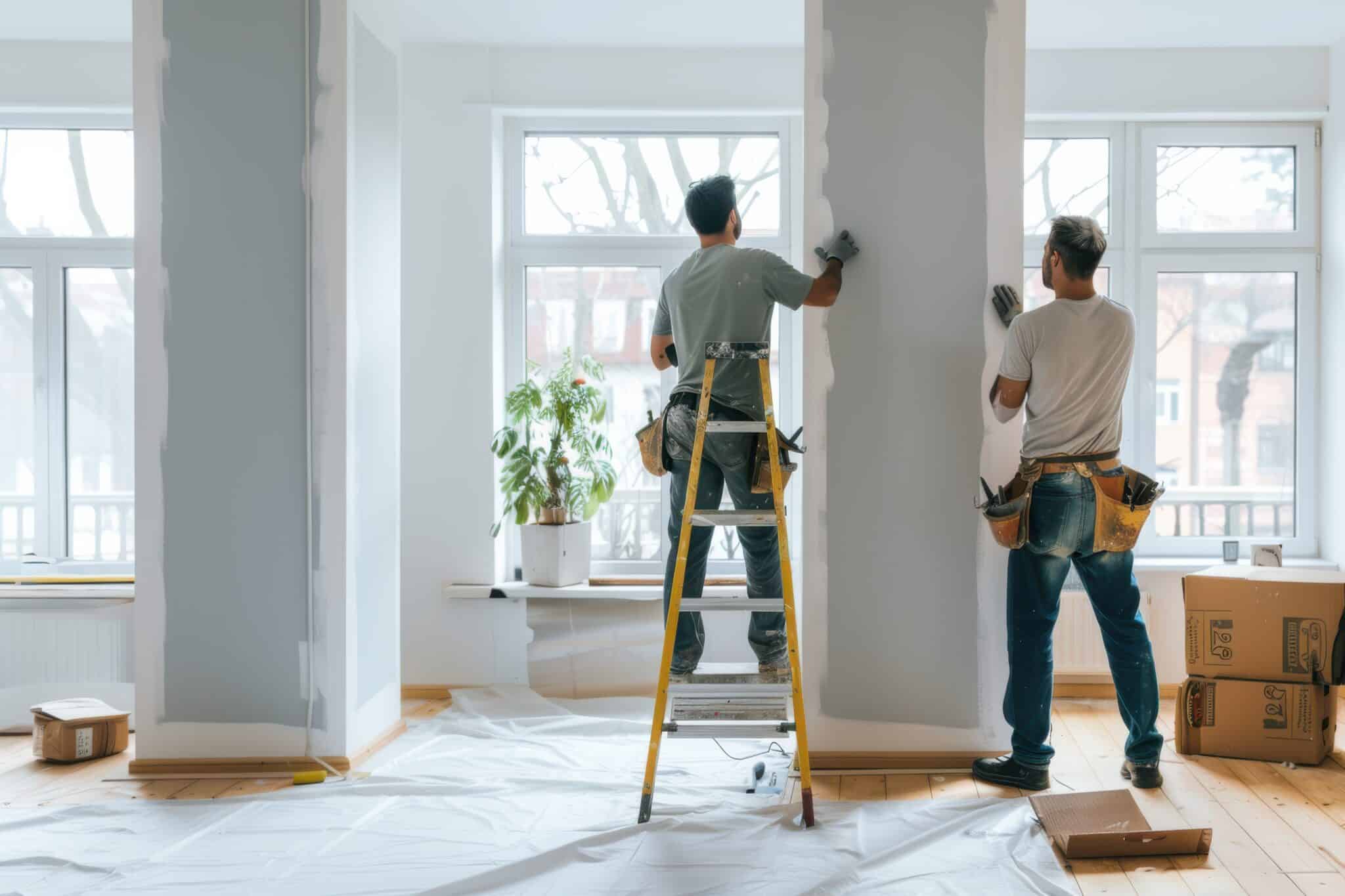 Deux ouvriers masculins d’un service professionnel de rénovation peignent les murs en gris clair dans le salon d’une maison ou d’un appartement moderne et neuf.