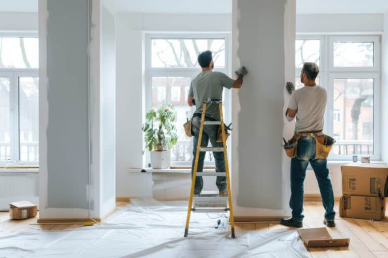 Deux ouvriers masculins d’un service professionnel de rénovation peignent les murs en gris clair dans le salon d’une maison ou d’un appartement moderne et neuf.