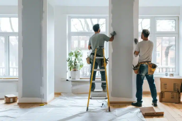 Deux ouvriers masculins d’un service professionnel de rénovation peignent les murs en gris clair dans le salon d’une maison ou d’un appartement moderne et neuf.