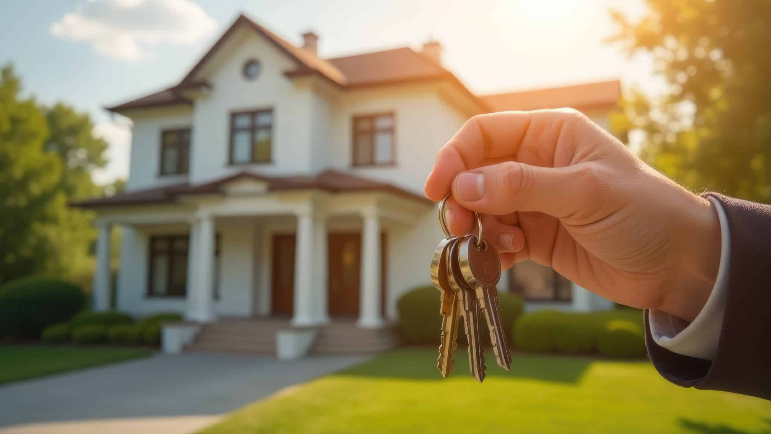 Une main tient un trousseau de clés devant une grande maison floue en arrière-plan. Concept de propriété immobilière.