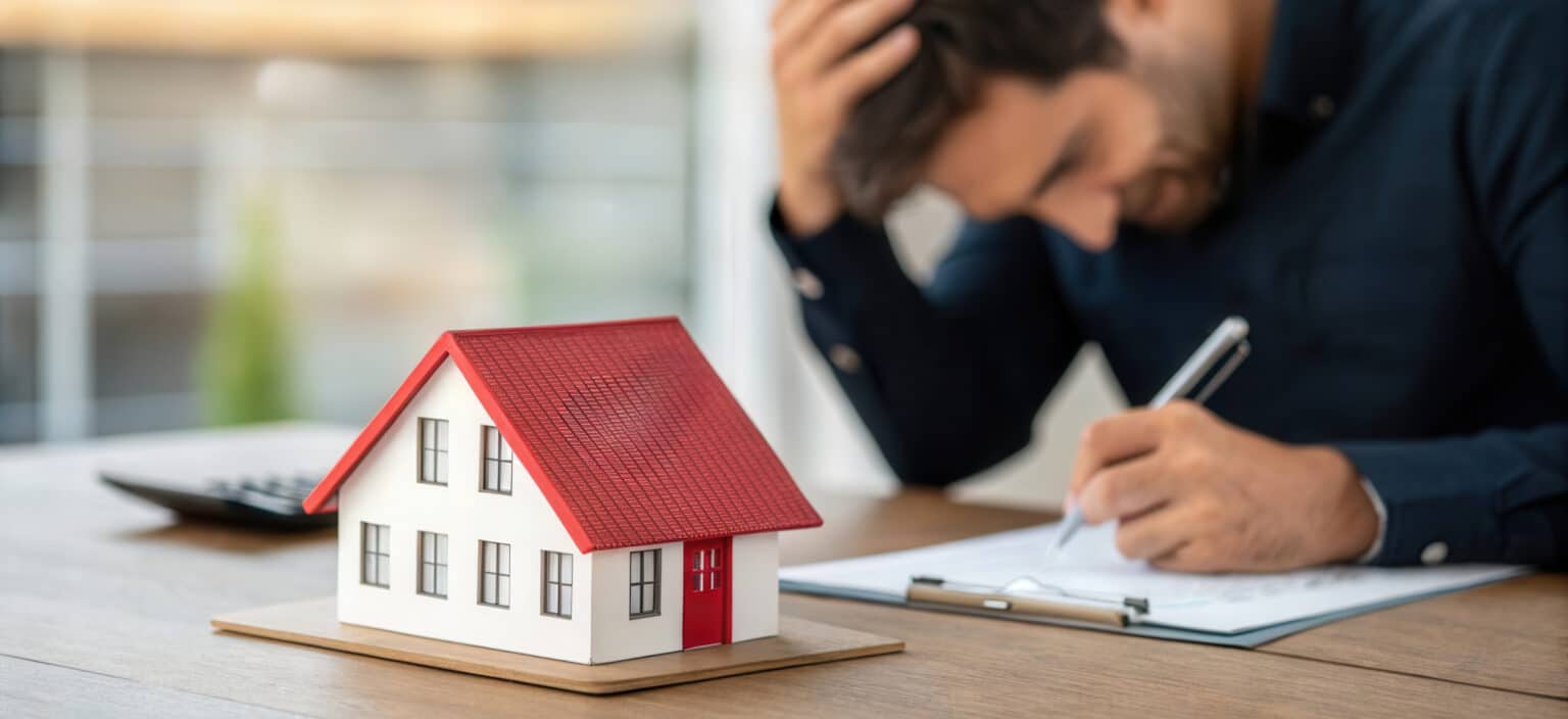 Une personne stressée prend des notes à côté d'une maison témoin, ce qui indique ses inquiétudes concernant l'accession à la propriété ou les décisions immobilières.