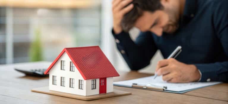 Une personne stressée prend des notes à côté d'une maison témoin, ce qui indique ses inquiétudes concernant l'accession à la propriété ou les décisions immobilières.