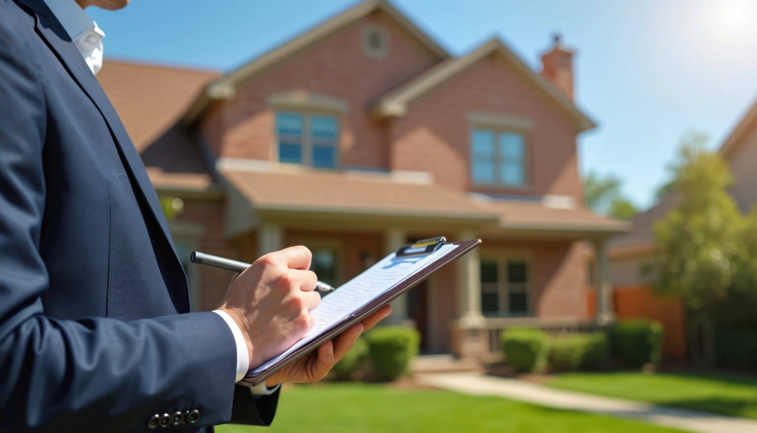Un homme en costume évalue une maison de banlieue à l'aide d'un bloc-notes. Un expert immobilier inspecte le bien et prend des notes sur les documents. Estimation de la valeur d'une maison, secteur immobilier.