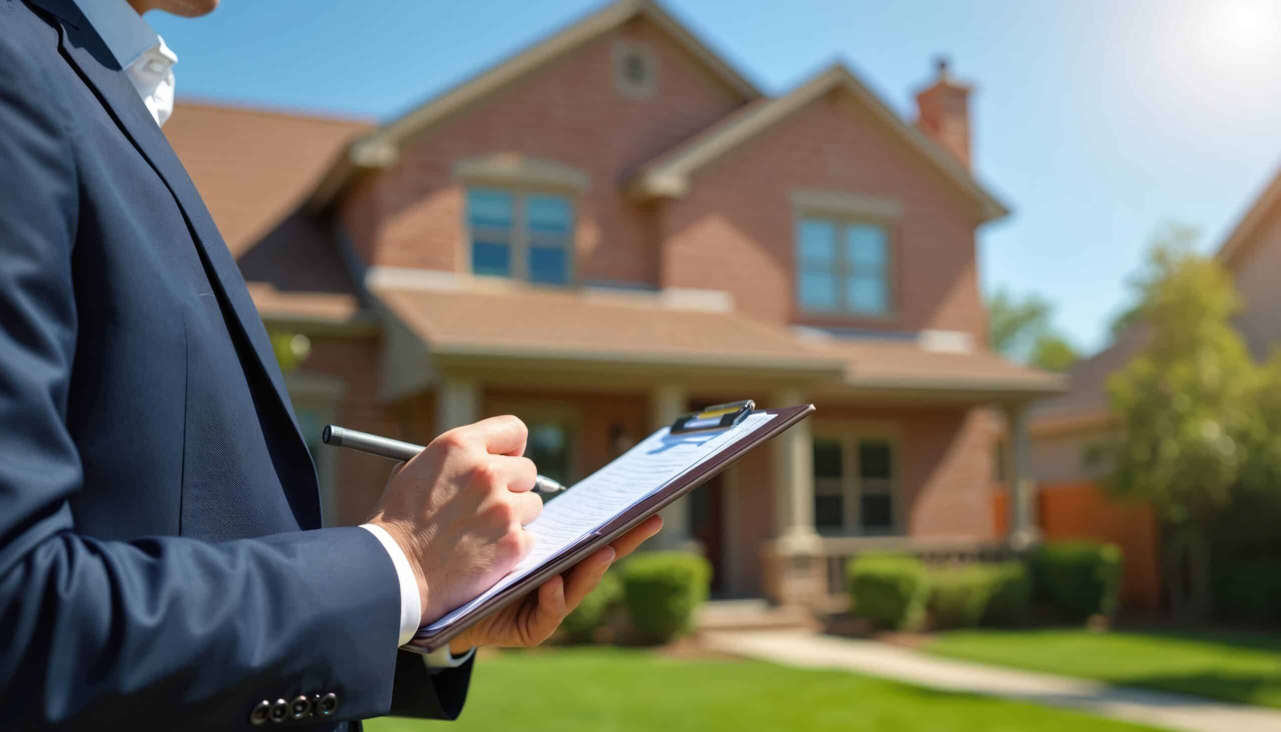 Un homme en costume évalue une maison de banlieue à l'aide d'un bloc-notes. Un expert immobilier inspecte le bien et prend des notes sur les documents. Estimation de la valeur d'une maison, secteur immobilier.