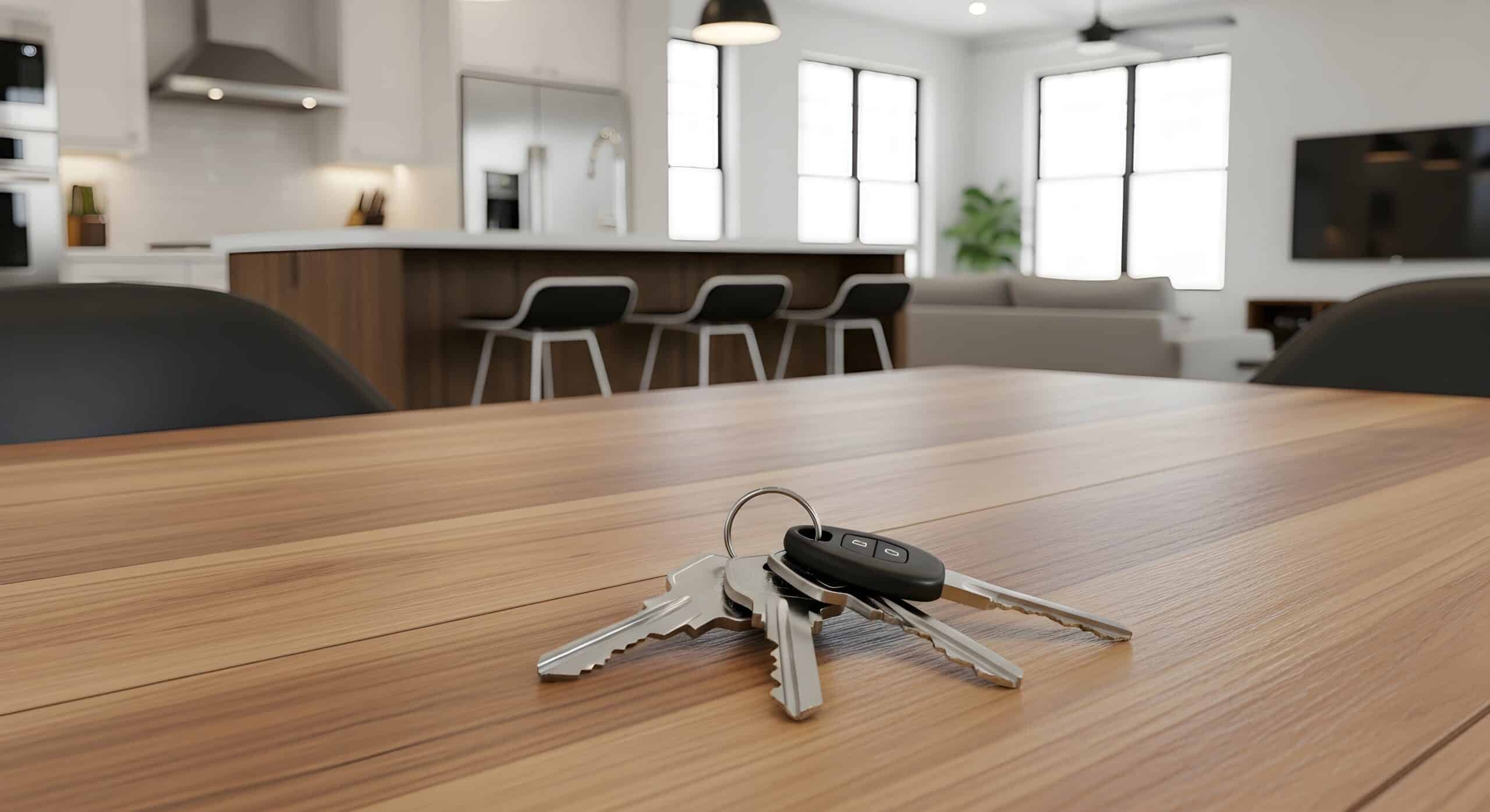 Clés et intérieur d'appartement moderne. Nouveau propriétaire emménageant dans un nouveau condo.