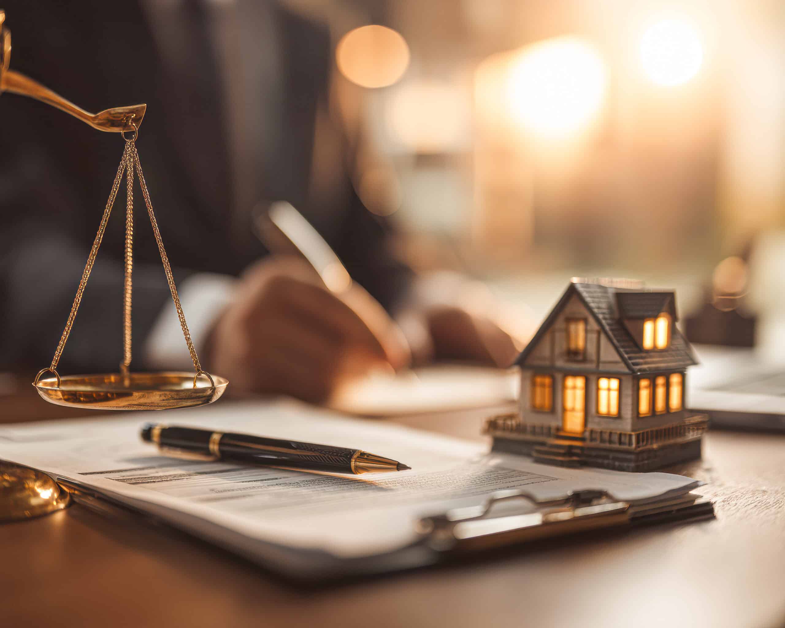 Une personne signe un document relatif à un bien immobilier, devant une petite maquette de maison illuminée et une balance dorée posées sur un bureau.