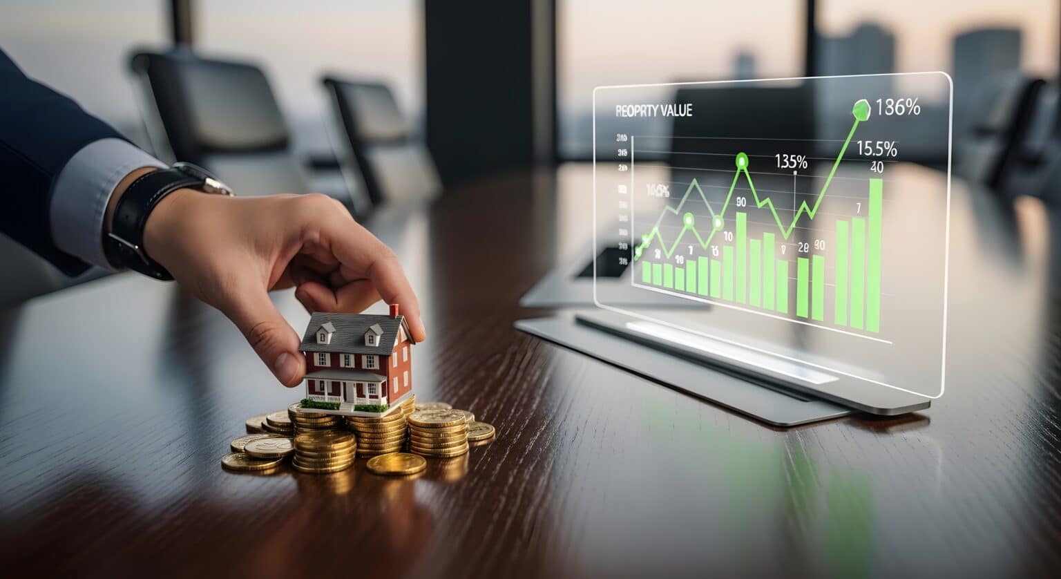 Concept d'investissement immobilier et de valorisation des biens avec la main d'un homme d'affaires, une maison miniature sur des pièces d'or et un graphique holographique financier