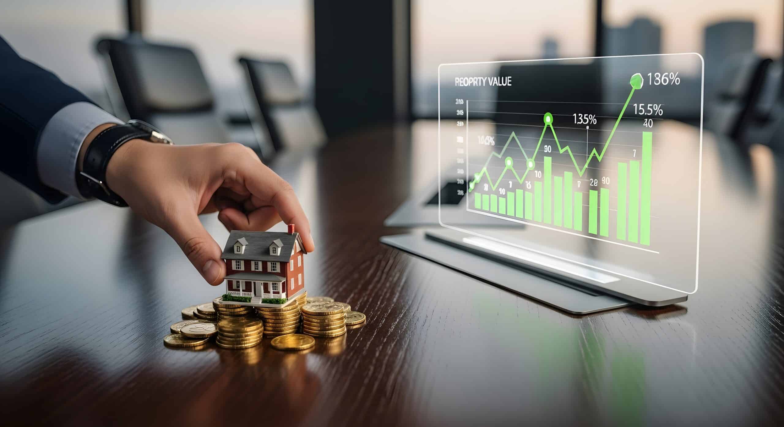 Concept d'investissement immobilier et de valorisation des biens avec la main d'un homme d'affaires, une maison miniature sur des pièces d'or et un graphique holographique financier