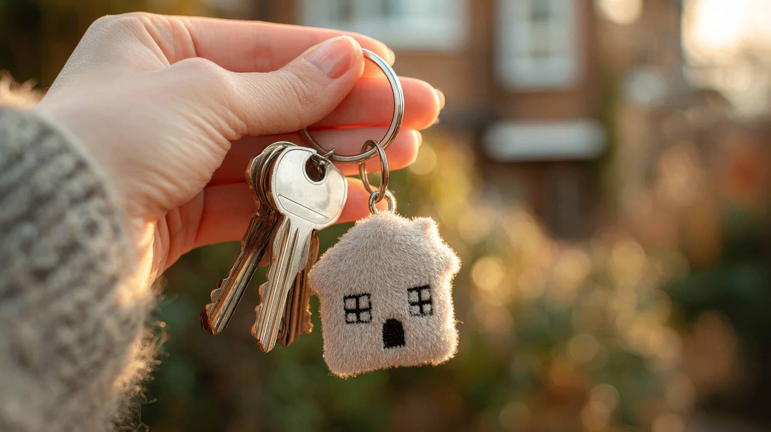 Main tenant des clés de maison avec un porte-clés charmant en forme de maison. Symbole d'accession à la propriété. Investissement immobilier. Rêves de propriété