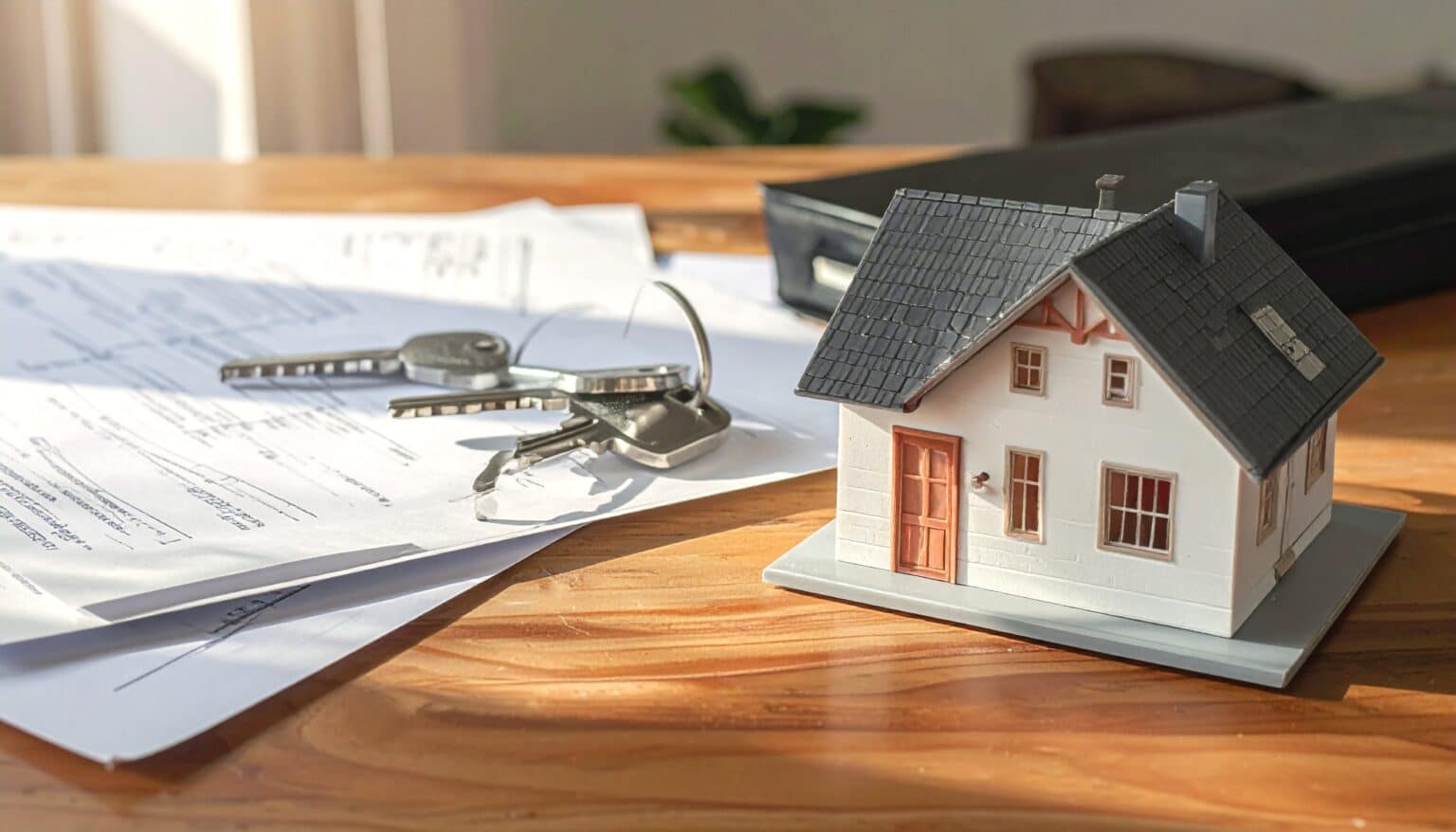Maison miniature avec clés sur les documents attestant du concept de propriété