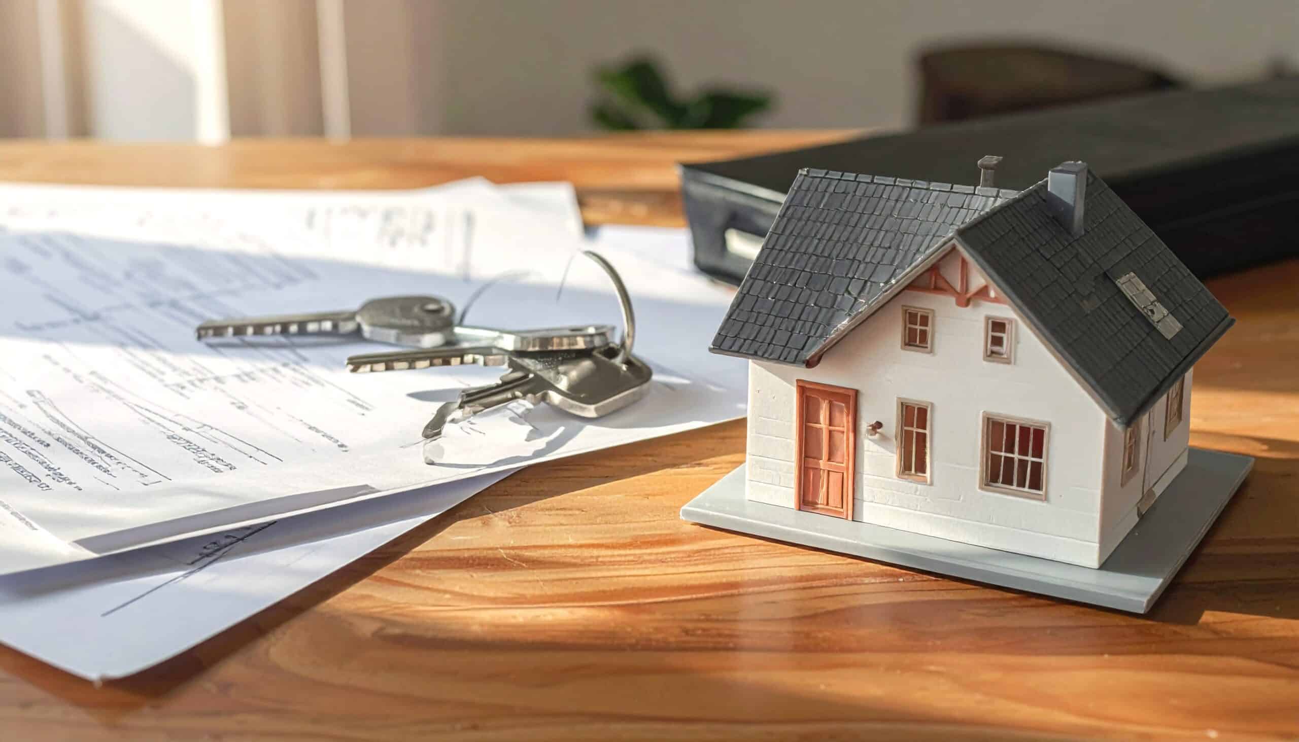 Maison miniature avec clés sur les documents attestant du concept de propriété