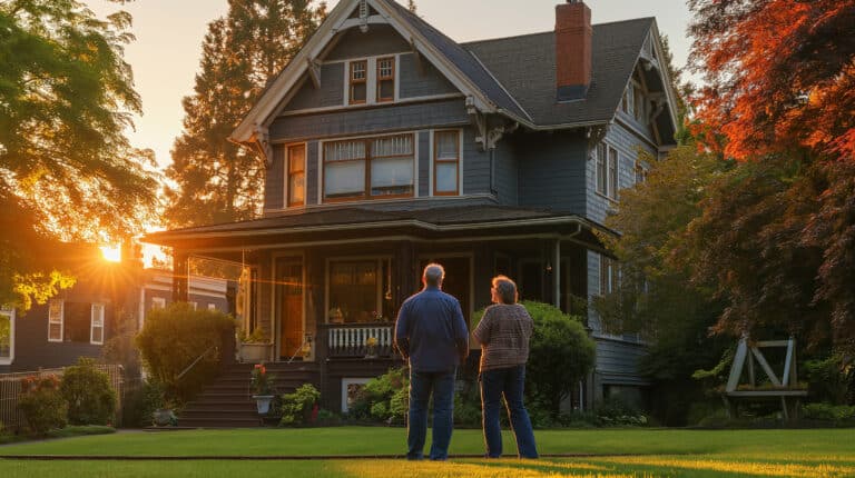 Un couple de personnes âgées, enlacés tendrement, contemplent leur maison récemment acquise au coucher du soleil.