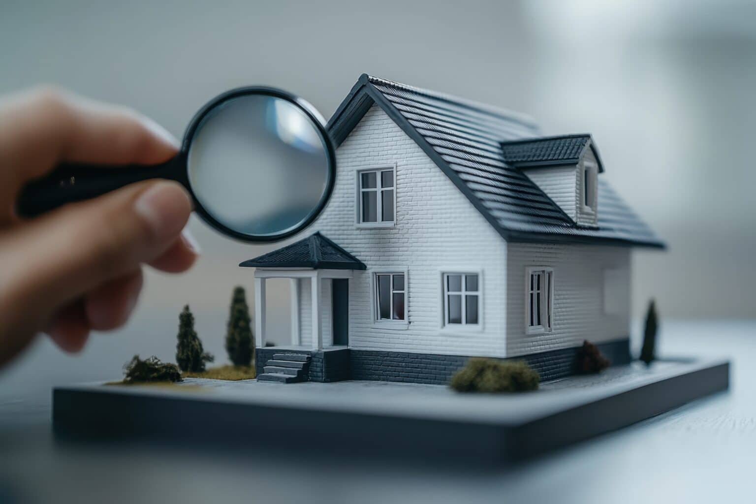 Un agent immobilier examine attentivement une maquette de maison à la loupe, à la recherche de défauts.