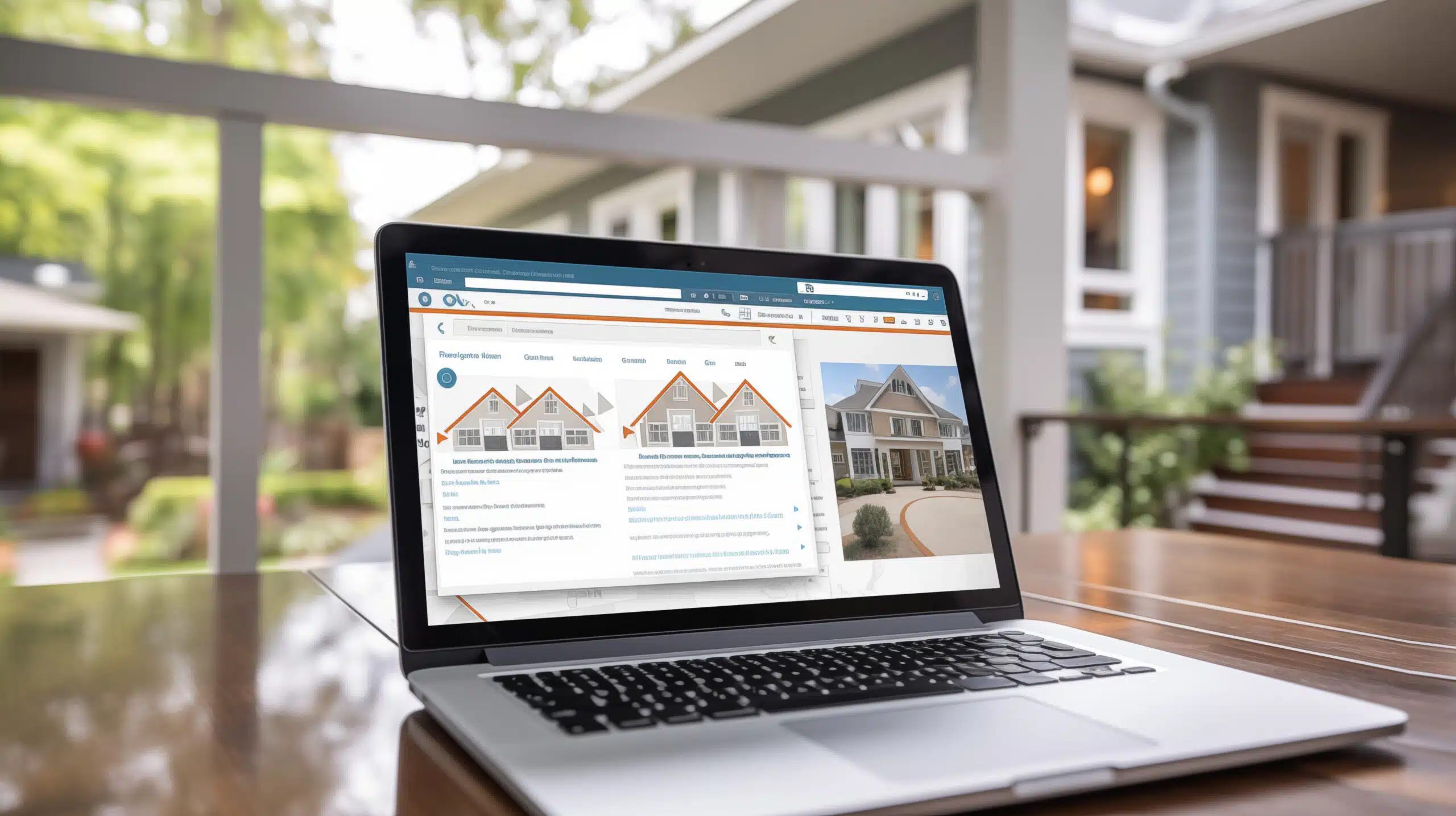 Un ordinateur portable ouvert, affichant des maisons à l'écran, est posé sur une table devant une grande maison privée. Concept d'achat et de vente immobilière.