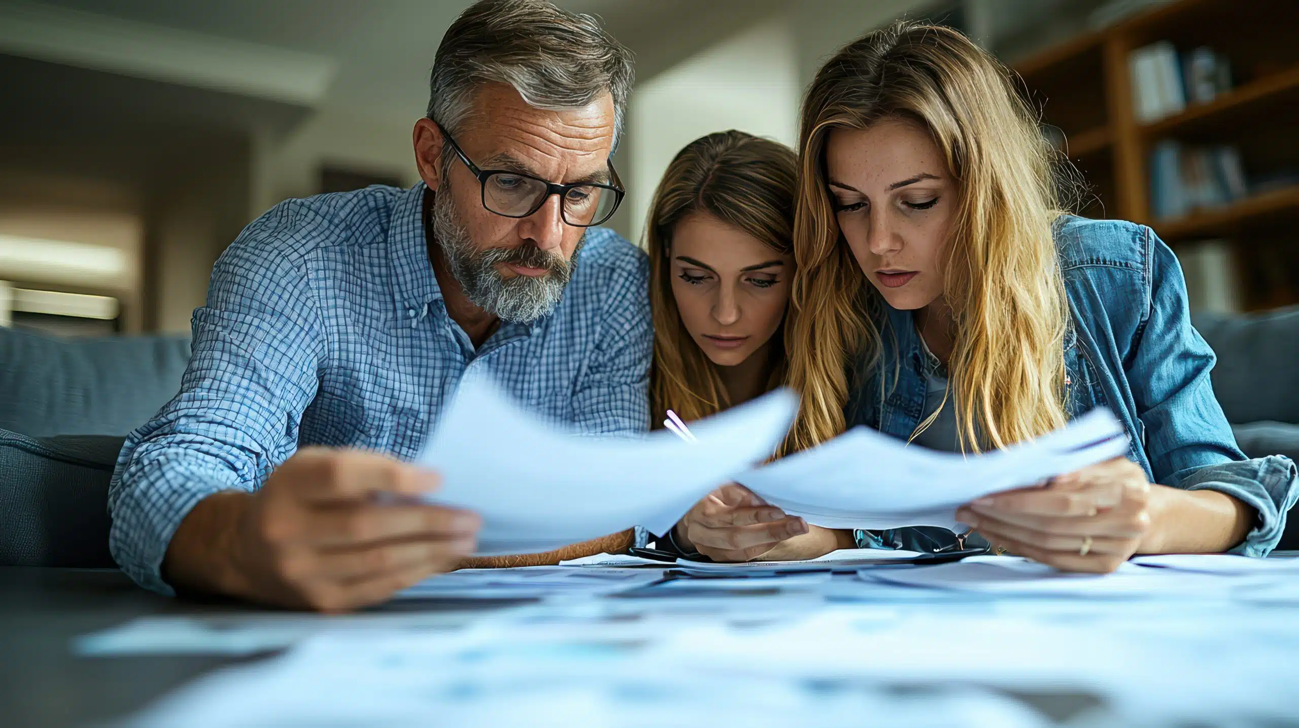 Une famille caucasienne consultant des documents chez elle