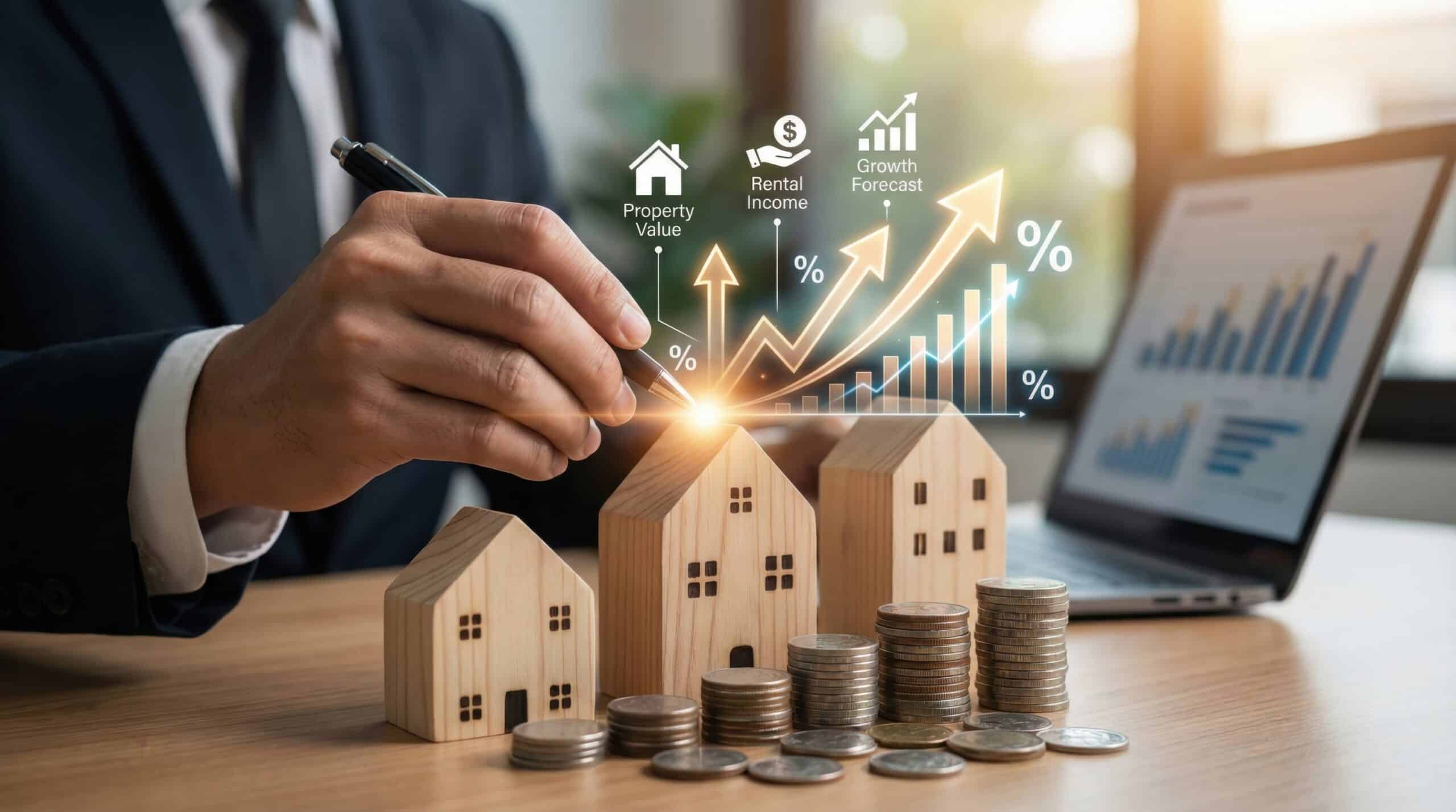 Stratégie d'investissement immobilier comprenant l'estimation de la valeur des biens, l'analyse des revenus locatifs et les prévisions de croissance financière à long terme