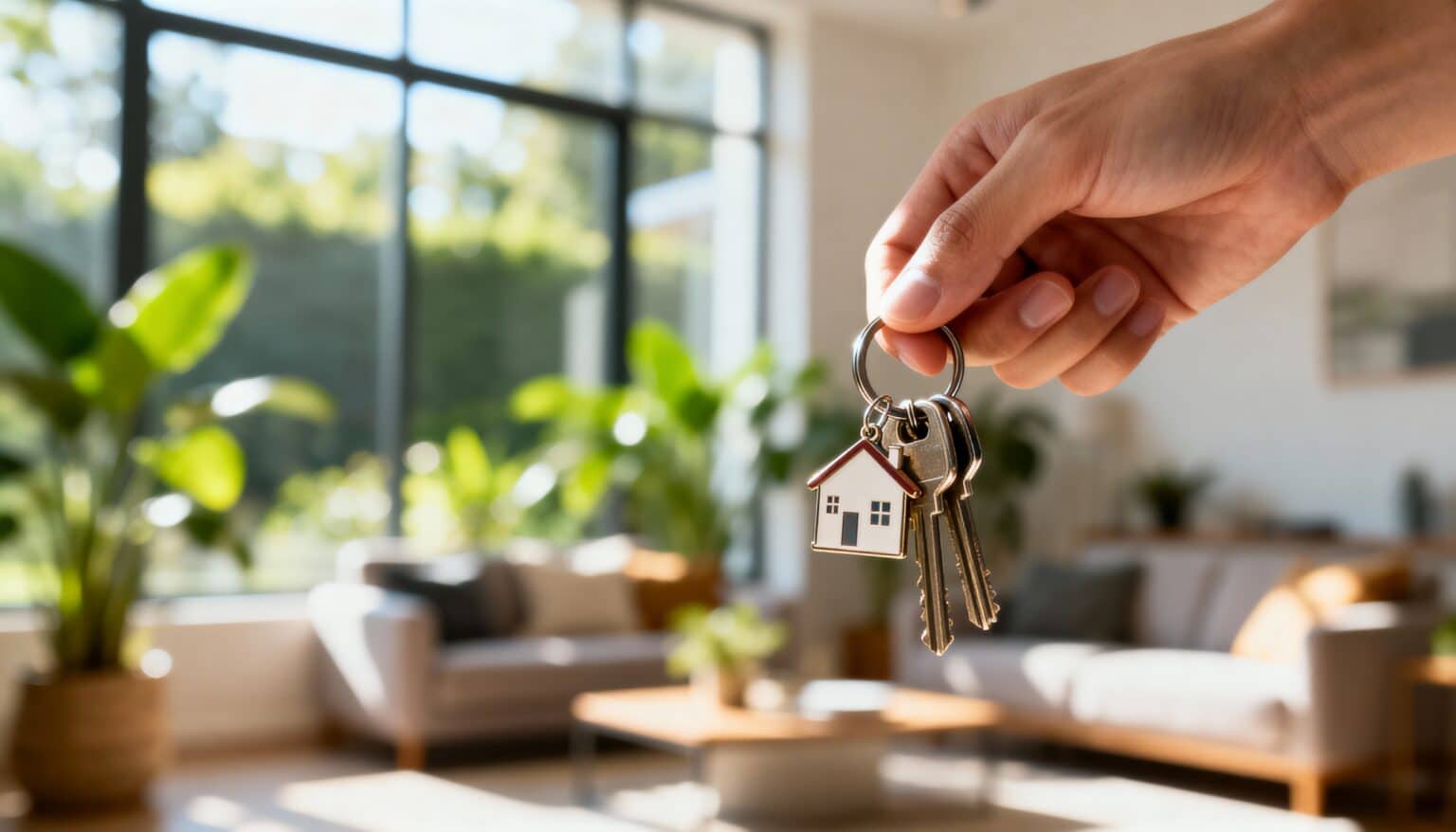 Une main tenant les clés de la maison dans un salon lumineux et moderne ; achat immobilier, contrat de location, investissement immobilier et jour du déménagement, avec un espace réservé au texte.