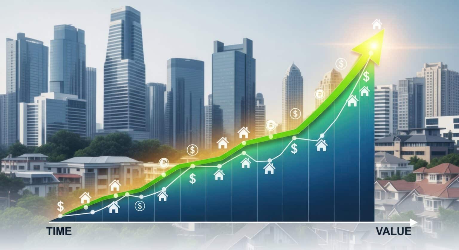 Graphique illustrant la croissance du marché immobilier sur fond de paysage urbain