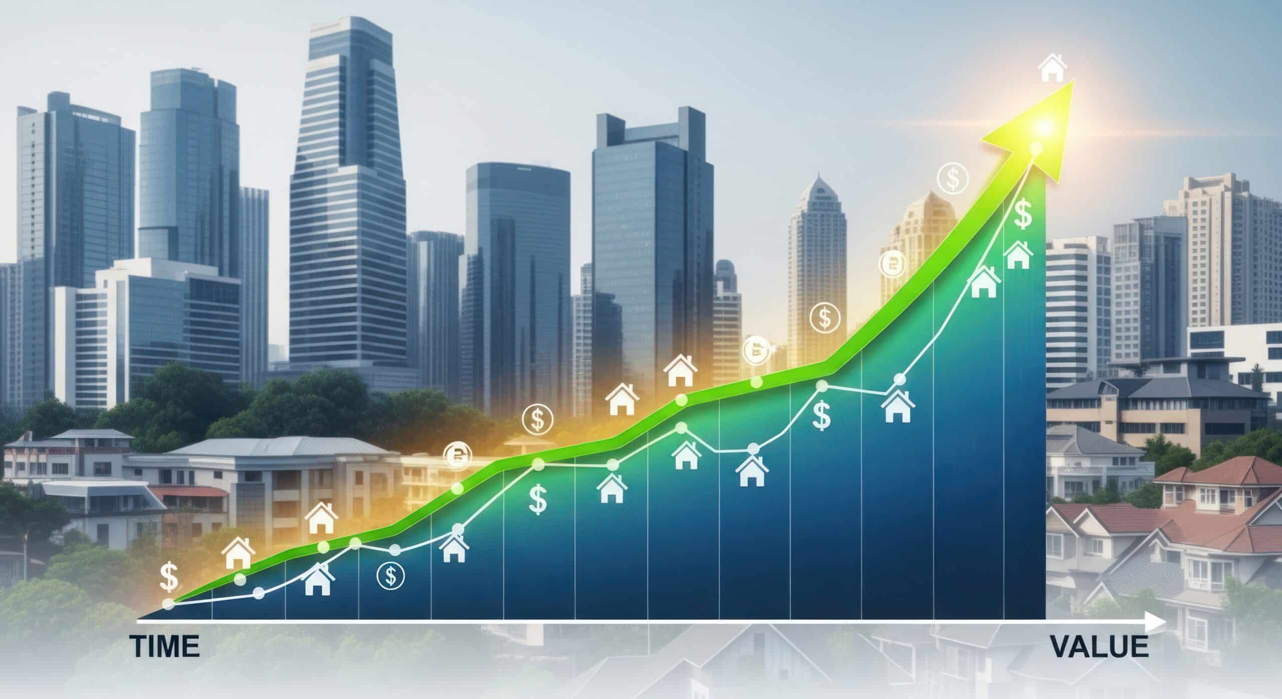 Graphique illustrant la croissance du marché immobilier sur fond de paysage urbain