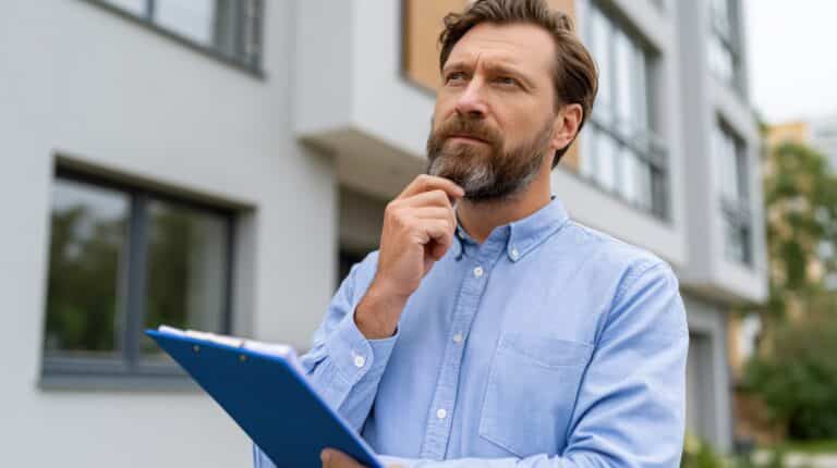 Un homme muni d'un bloc-notes, le regard pensif, levant les yeux vers l'extérieur d'un immeuble d'appartements moderne