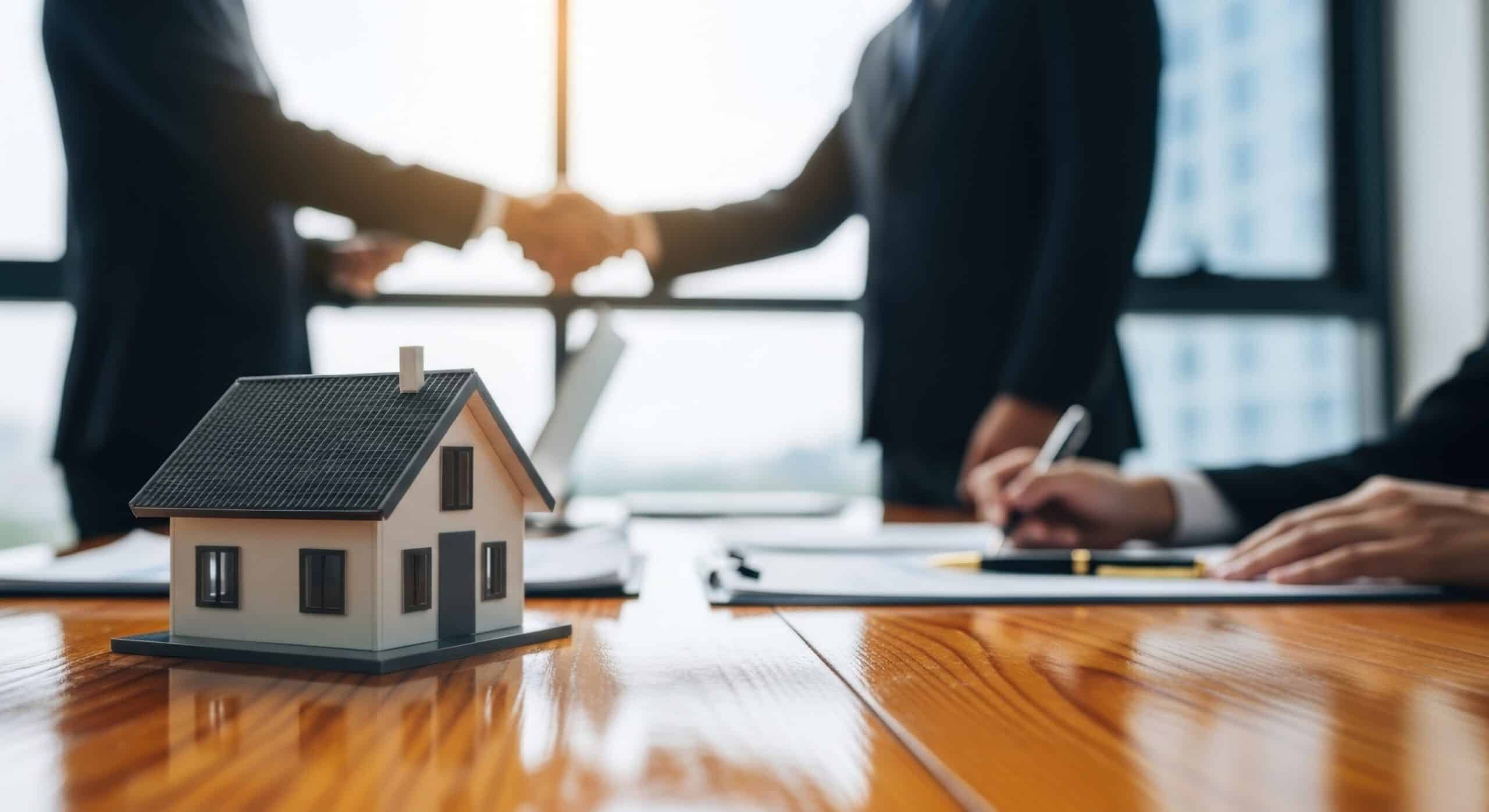 Des hommes d'affaires concluent une transaction immobilière par une poignée de main, devant une maquette de maison posée sur la table