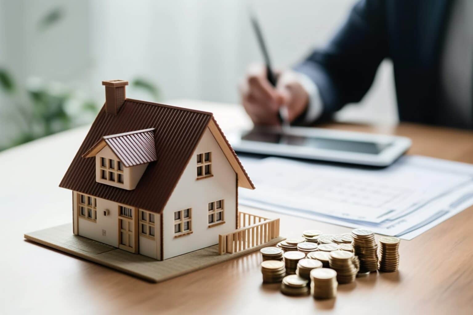 Maquette d'une maison avec des piles de pièces de monnaie posées sur la table. Concept d'investissement immobilier.