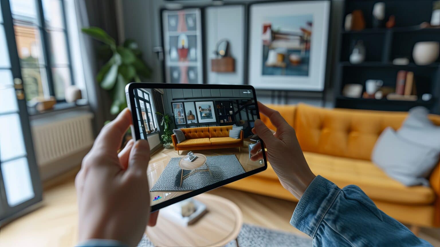 Une personne utilisant une tablette dotée de fonctionnalités de réalité augmentée (RA) pour visualiser une maquette numérique d'un meuble dans son salon