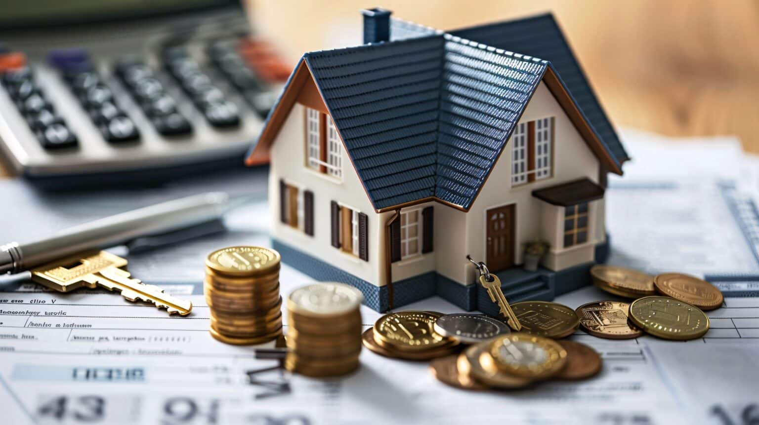 Planification financière avec une maquette de maison et des pièces de monnaie sur des documents, une personne seule calculant le rendement d'un investissement, IA générative