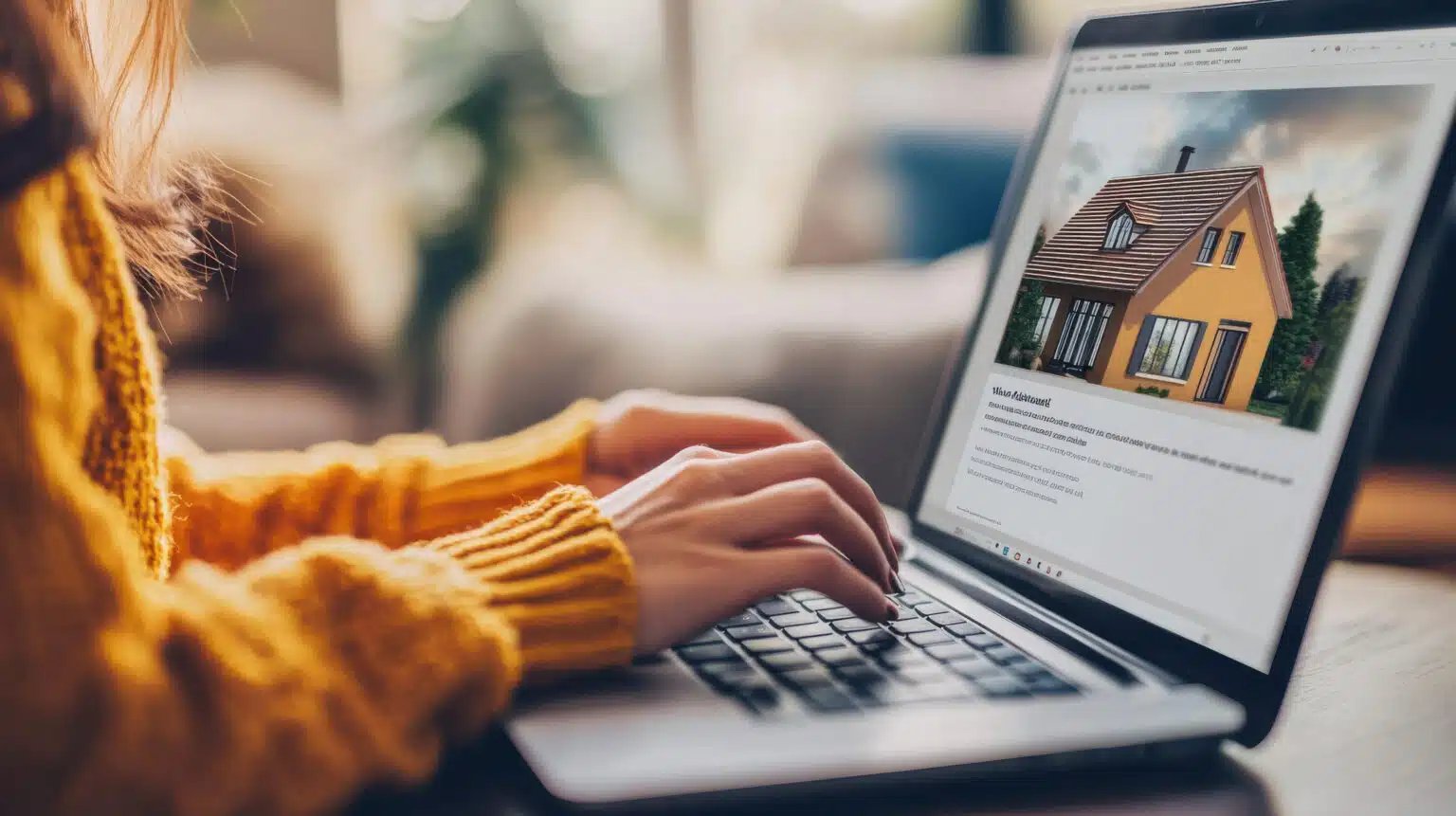 Un ordinateur portable posé sur une table, sur lequel est ouvert un site web dédié à la recherche d'un logement ; gros plan sur les mains d'une femme qui navigue sur le site et sélectionne des annonces immobilières