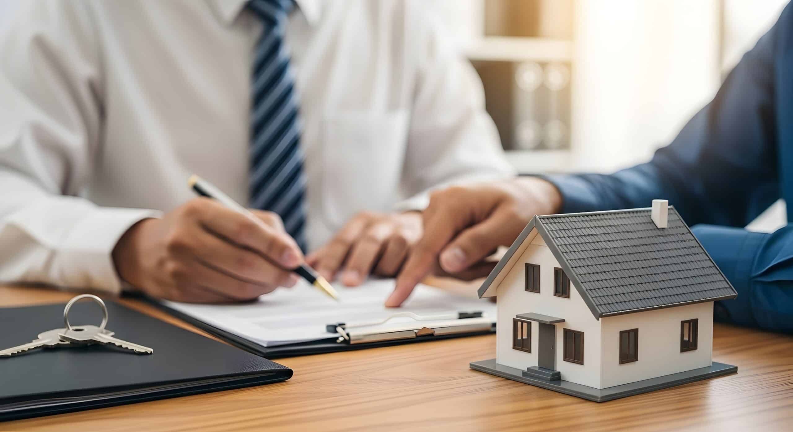 Comprendre le contrat immobilier : document signé par l'acheteur, avec une maquette de la maison et les clés posées sur le bureau
