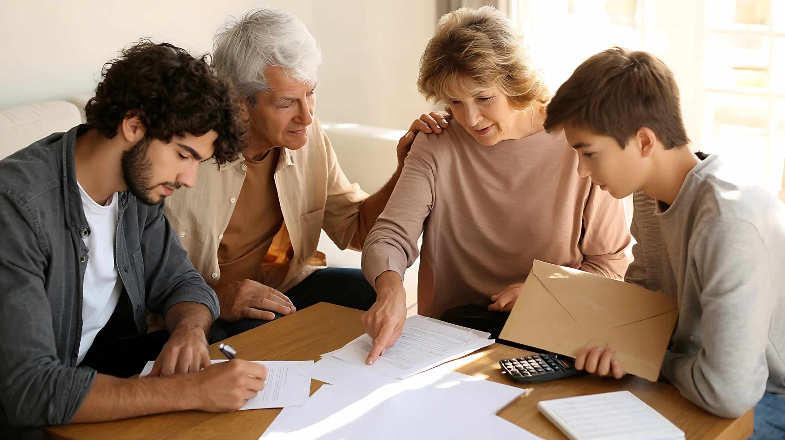 Une famille multigénérationnelle réunie autour d'une table, en train d'examiner des documents et des papiers.